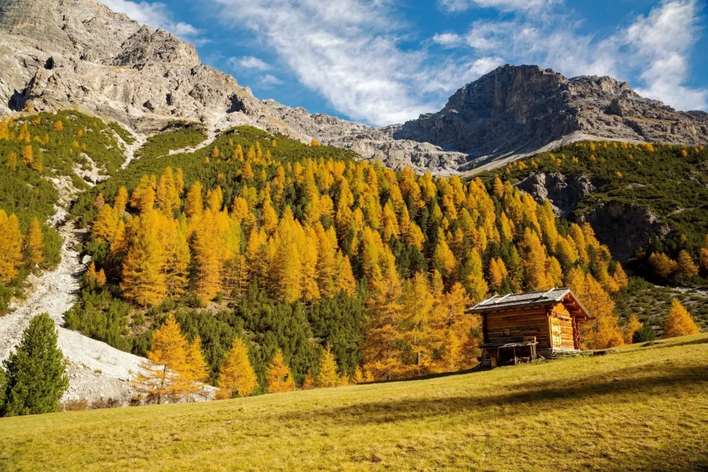 Capanna di legno su una collina circondata da alberi autunnali e montagne.