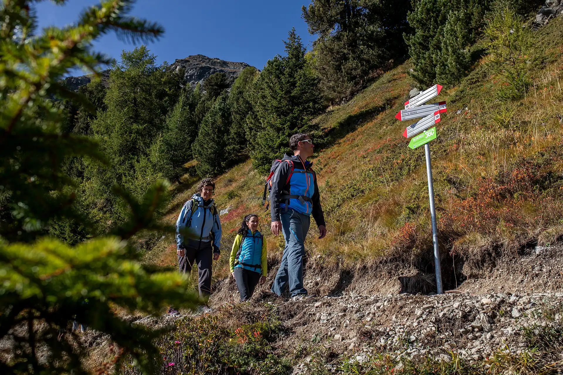 Escursionisti camminano su un sentiero di montagna vicino a un cartello direzionale.